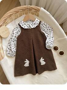 SHEIN Babygirl 可爱百搭兔子图案连衣裙和花卉长袖衬衫套装