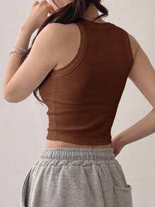 DAZY Áo ba lỗ thể thao ngắn màu trơn dành cho nữ - Rỉ Nâu - Xem 5