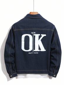 Manfinity Homme 男士标语印花长袖单排扣口袋宽松休闲牛仔夹克 - 深色水洗藍 - 查看 2