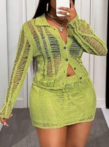 Slaydiva 2025 New Summer Beach, Music Festival, Easter 2Pcs Set For Plus Size Women, Sexy Hollow-Out Long Sleeve Knit Top & Skirt Set - Green - View 2