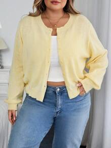 SHEIN CURVE+ Curves Plus Size/Chool Clothes/Back To School Clothes /Back To SchoolCasual Solid Color Round Neck Long Sleeve Loose Cropped Plus Size Cardigan Plus Size Shrug 8xl Cardigan Plus Size Summer Yellow Cardigan 6xl Plus Size Cardigan,Fall Clothes For Womenfall Clothes For Women,Winter,CURVE PLUS Autumn