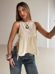 Aloruh 女士休闲系带亚麻白色和米色条纹无袖上衣，女士夏季上衣，度假