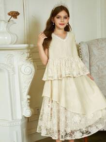 Hapijoa 女童加大蕾丝拼布不对称下摆上衣和裙子套装，夏季 - 杏色 - 查看 7