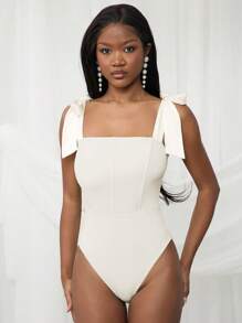 NYA SZN Bodysuit Spring Bow Strap Square Neck Cheeky Festival Summer Vacation Office Coquette Siren Preppy Casualwear Statement Festival Carnival Outfits For Women - White - View 4