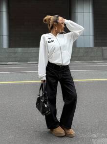 SHEIN Teens Girl Casual Minimalist Loose Fit Cherry Pattern Pullover Hoodie,In Fall/Winter