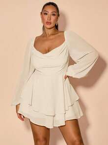 SHEIN BAE 大码女式春夏垂坠领荷叶边开叉长袖连体裤，甜美性感迷你连体裤，适合节日穿着 - 杏色 - 查看 1