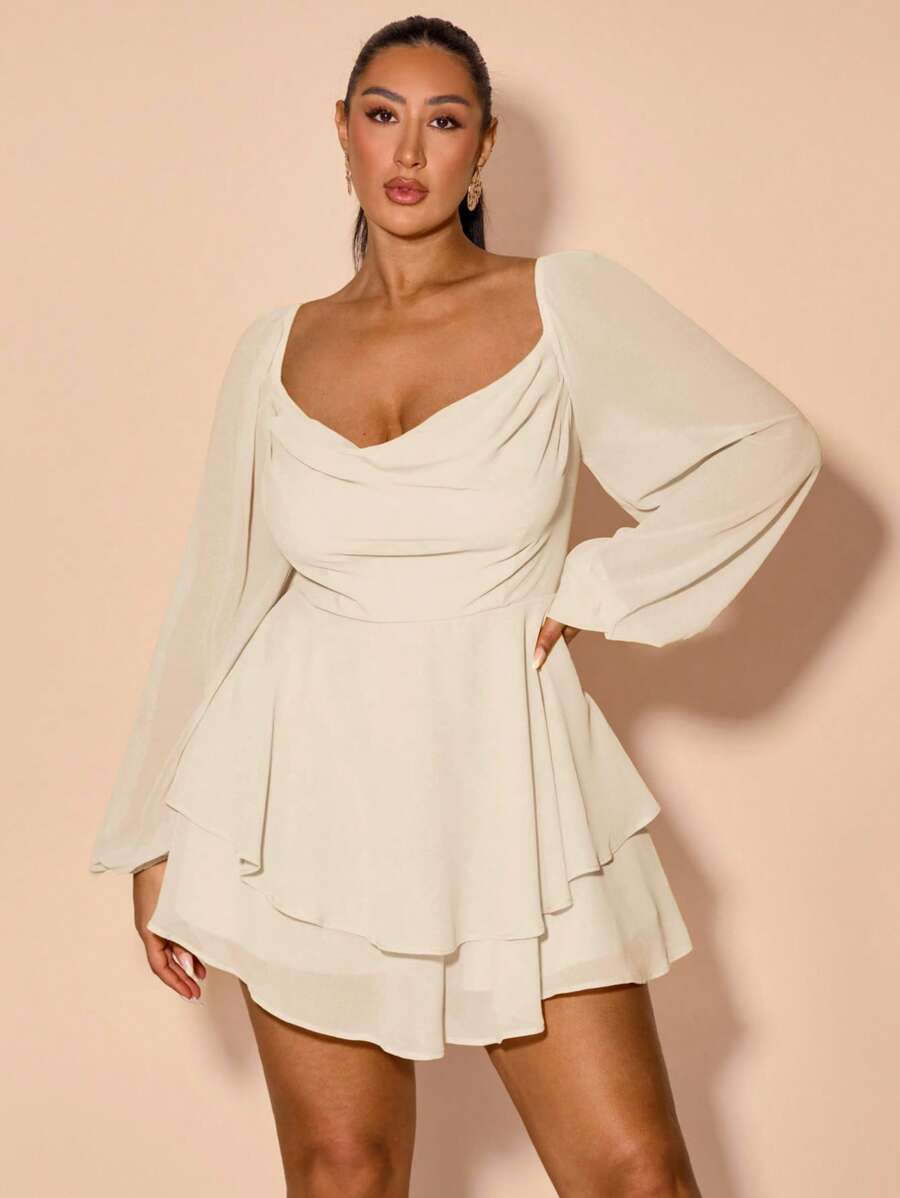 SHEIN BAE 大码女式春夏垂坠领荷叶边开叉长袖连体裤，甜美性感迷你连体裤，适合节日穿着 - 杏色 - 查看 1