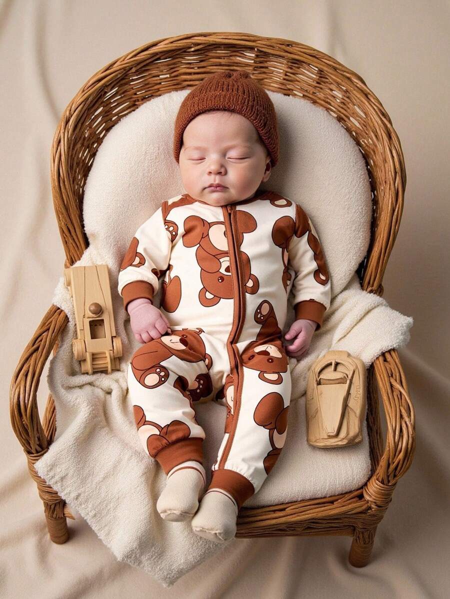 SHEIN Bộ đồ liền thân dài tay hở cổ tròn in hình gấu cho trẻ sơ sinh, Quần áo trẻ em/trẻ sơ sinh, Thích hợp cho các buổi đi chơi hàng ngày, tiệc tùng, mùa thu/đông, Quần yếm bé trai Bộ đồ liền thân bé trai Bộ đồ liền thân có gân cho trẻ sơ sinh Quần áo trẻ sơ sinh Bộ đồ liền thân trẻ em Quần áo trẻ sơ sinh Unisex Quần áo trẻ sơ sinh Quần áo trẻ em trung tính 3 tháng-24 tháng Bộ đồ liền thân mùa thu cho trẻ sơ sinh Bộ đồ liền thân có khóa kéo cho bé trai Bộ đồ liền thân gấu cho bé trai Quần áo trẻ sơ sinh cho bé trai - màu nâu - Xem 1