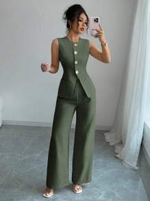 SHEIN PETITE 2pcs Women's French Elegant Metal Flower Clasp Commuter Casual Suit - Army Green - View 4