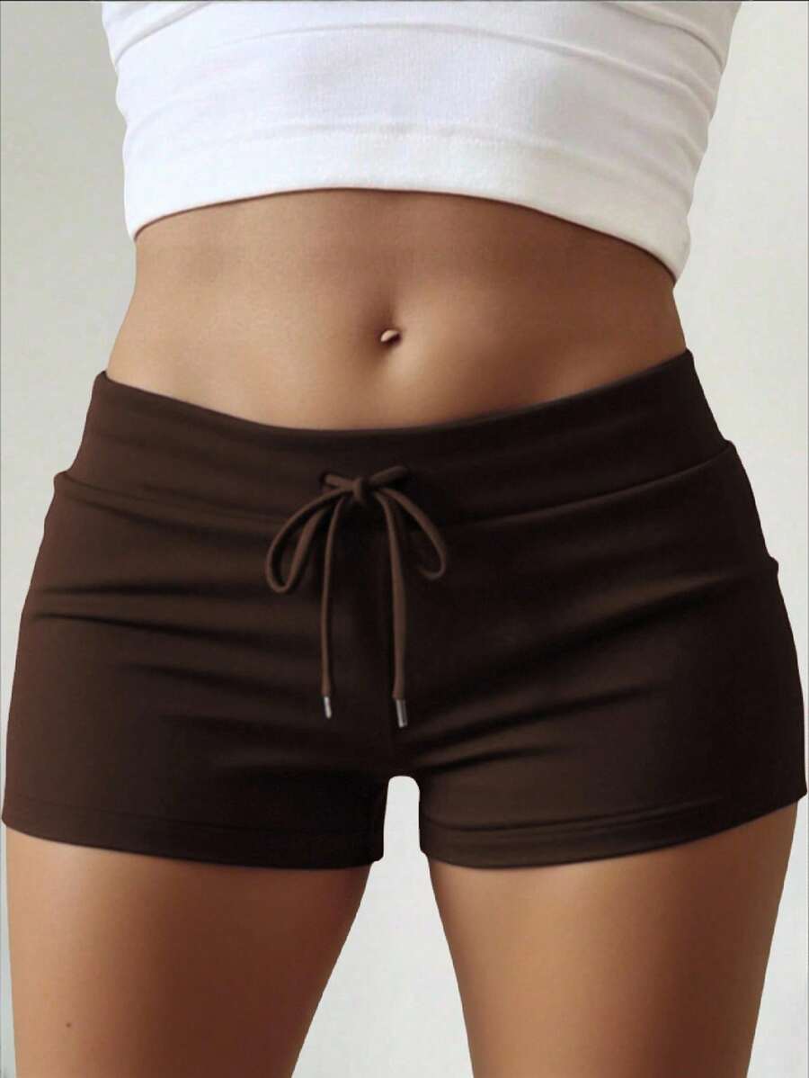 INAWLY Women Solid Color Drawstring Waist Skinny Casual Shorts - Brown - View 1