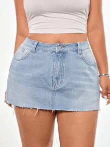 SHEIN EZwear 大码女式牛仔迷你裙，春夏 - 藍色 - 查看 2