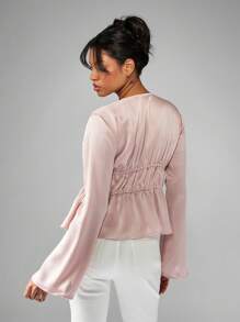 MISSGUIDED Empire Waist Blouse Ruffled Long Bell Sleeve V Neck Ruched Front Party Evening Holiday Elegant Dressy Spring Summer Light Fashion Top - Pink - View 2