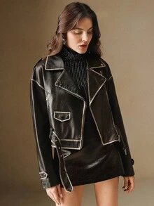 Anewsta 女式翻领领口落肩前拉链腰部按扣休闲机车夹克 - 黑色 - 查看 8