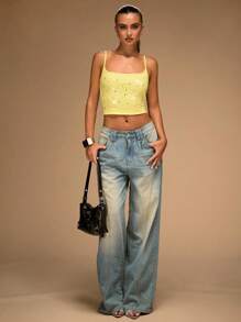 SHEIN BAE Camiseta corta casual de mujer con decoración de rhinestones - Amarillo - Ver 3