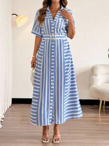 Vionelle 大码女式条纹纽扣衬衫裙