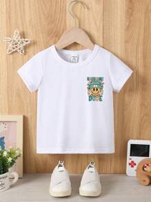 SHEIN Playful Pals 男婴休闲舒适简约格纹字母和脸部图案圆领修身针织 T 恤，夏季可爱 T 恤