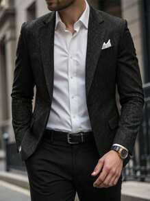 Manfinity Mode 男士休闲翻领单扣西装外套，适合日常穿着，是日常通勤和夏季休闲度假的理想之选，非常适合外出和日常穿着，纽扣闭合设计，打造时尚百搭造型。适合情人节和周年纪念日等场合，是送给男朋友或老公的绝佳礼物，老公 - 黑色 - 查看 4