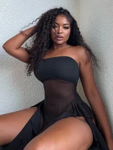 Alexandranx Women Fashion Party Splice Mesh Asymmetric Hem Strapless Top - Black - View 5