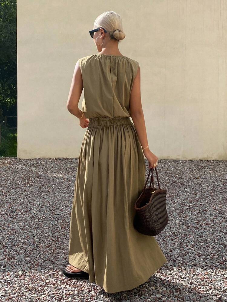 Women's Round Neck Sleeveless Blouse & A-Line Skirt 2-Piece Set, Korean Style