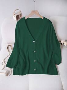 Linhara 大码女式纯色长袖单排扣休闲薄款开衫 - 軍綠色 - 查看 1