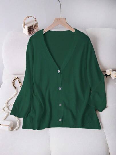 Linhara كارديجان طويل الأكمام أحادي الصدر كاجوال نحيف بلون سادة للمرأة بحجم كبير