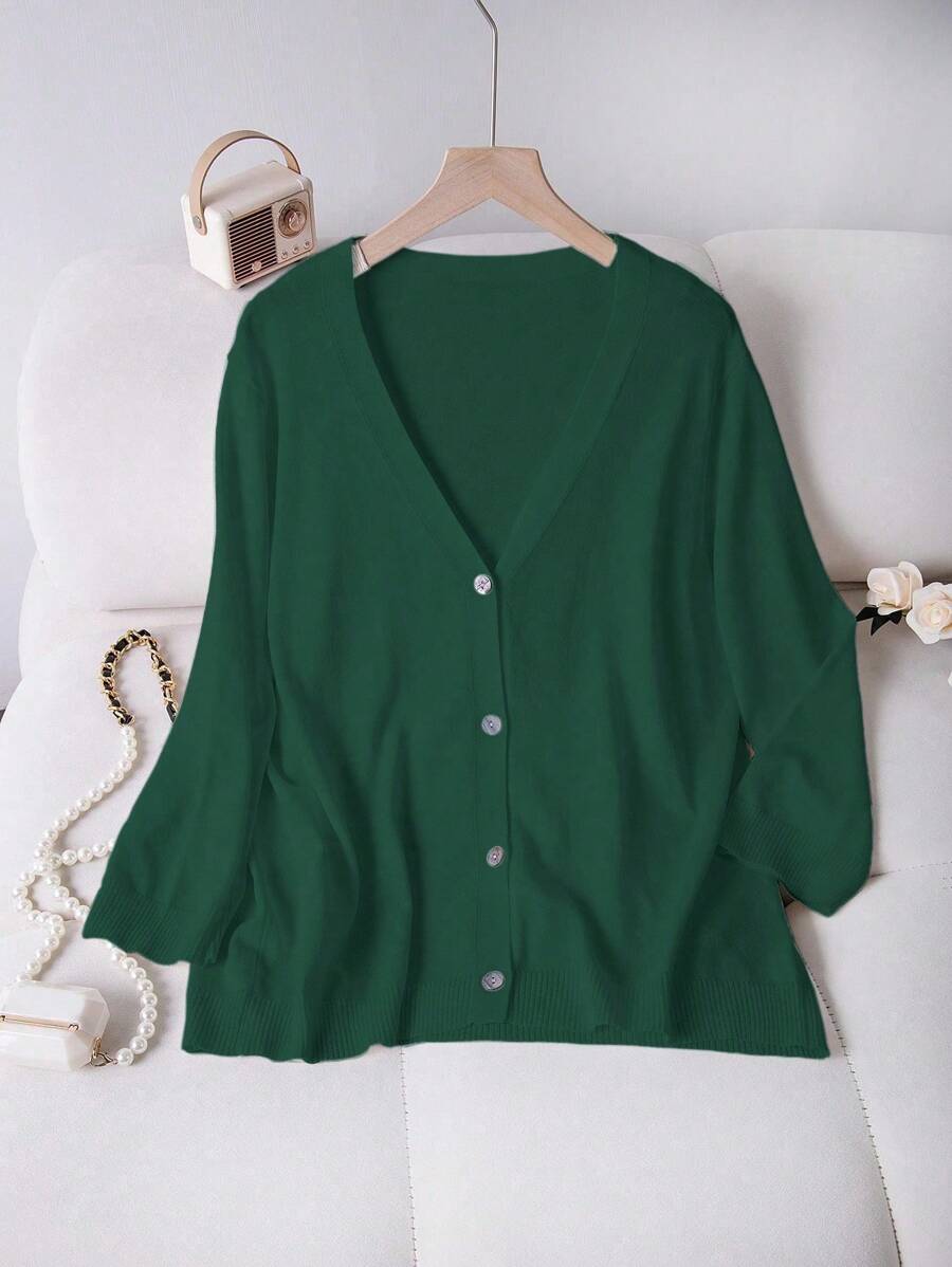 Linhara 大码女式纯色长袖单排扣休闲薄款开衫 - 軍綠色 - 查看 1