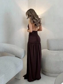 Jemour Đầm chữ A hở lưng cổ chữ V sâu thanh lịch lãng mạn gợi cảm dự tiệc - W - màu nâu - Xem 2