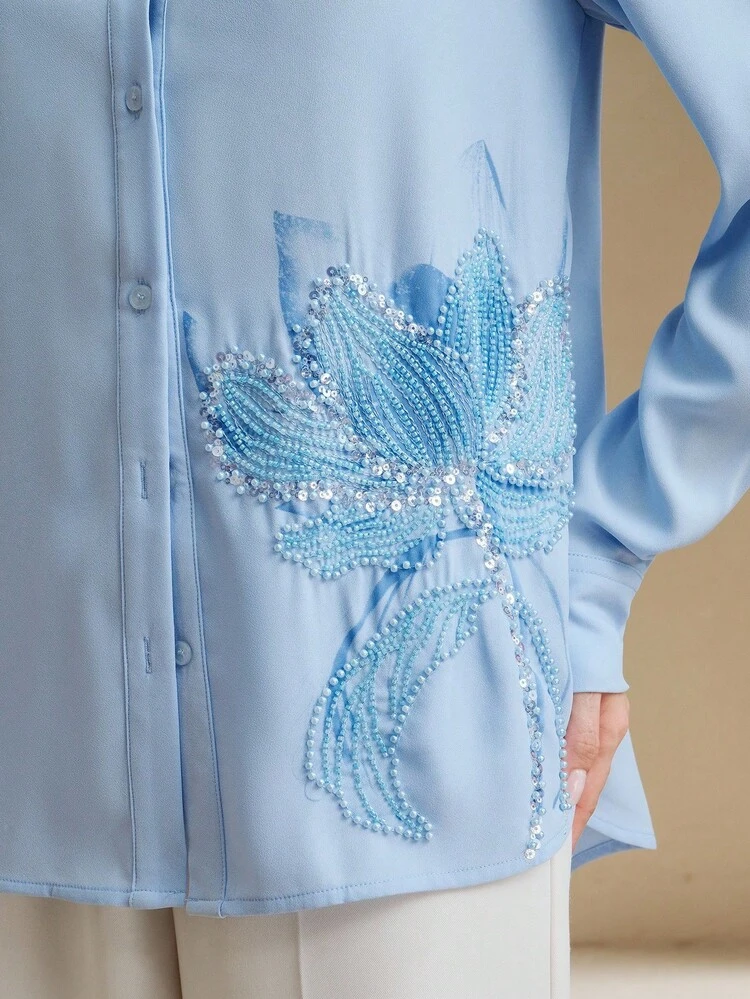 Chemise casual à manches longues pour femme avec imprimé floral et décoration de perles