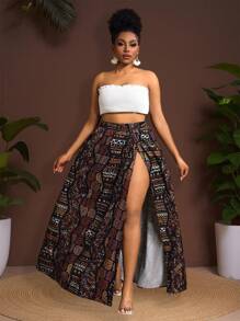 Veslaya Plus Size Full Print Tie Waist Side Slit Skirt, Summer - Brown - View 1