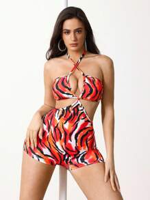 Menodora SHEIN Sport Menodora SHEIN Sport 时尚性感斑马纹露背吊带连体衣 - 紅色 - 查看 4