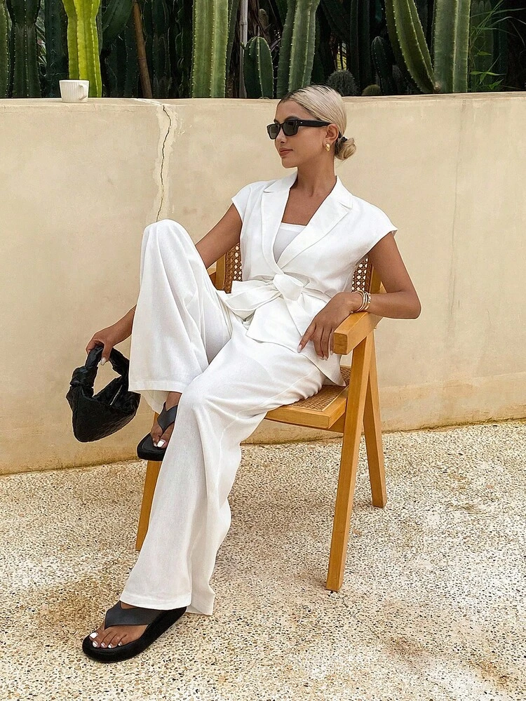 2pcs/Set Women's Casual Business Loose White Outfit, Autumn New Arrival