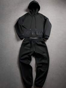 Manfinity EMRG 2pcs/Set Men's Casual Hooded Sweatshirt And Drawstring Pants Suit , Fall Clothes - Black - View 1