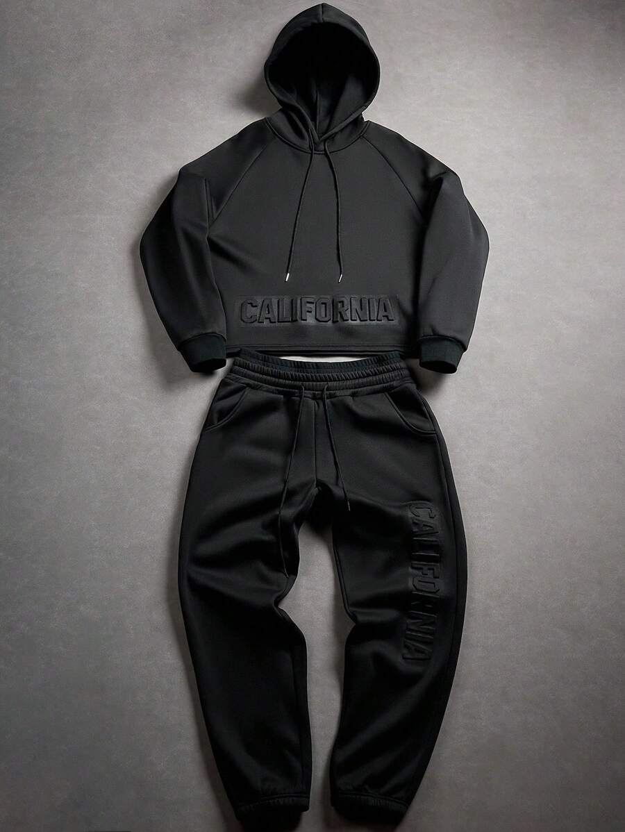 Manfinity EMRG 2pcs/Set Men's Casual Hooded Sweatshirt And Drawstring Pants Suit , Fall Clothes - Black - View 1