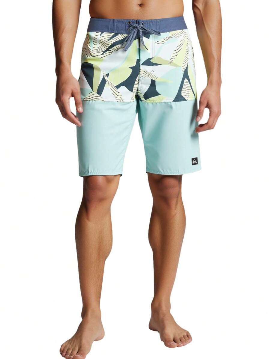 Quiksilver Men's Contrast Color Block Geometric Pattern Casual Beach Shorts, Loose Fit With Drawstring - Blue - View 1