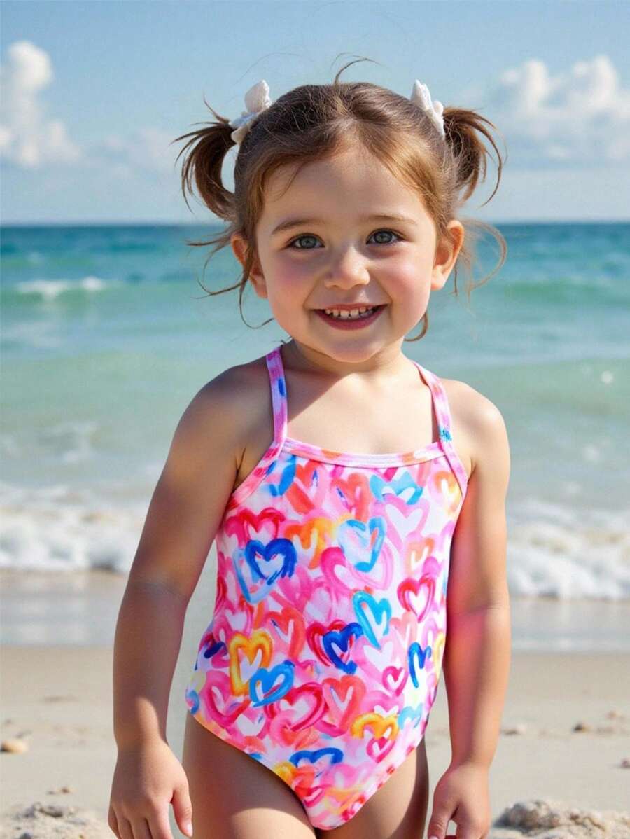 Baby Girls' Heart Print One-Piece Swimsuit, Cute For Swimming & Holiday