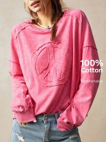 Bohemela 女式加大码落肩圆领长袖宽松休闲运动衫 - 西瓜粉 - 查看 1