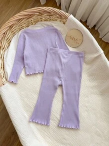 SHEIN 女宝宝可爱刺绣字母图案紫色针织长袖上衣和裤子套装 - 紫色 - 查看 2