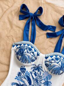 Soleia 女士新款假日系列针织吊带蝴蝶结连体衣，花鸟印花，蓝白配色，适合邮轮、嘉年华等场合，可内搭或外穿。