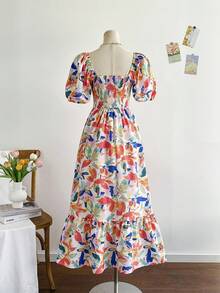 Soleia 女士彩色花卉印花泡泡袖 V 领荷叶边下摆浪漫长裙，适合婚礼、毕业典礼、返校派对、休闲单身派对、复古夏季、橙色热带印花长裙 - 彩色 - 查看 2