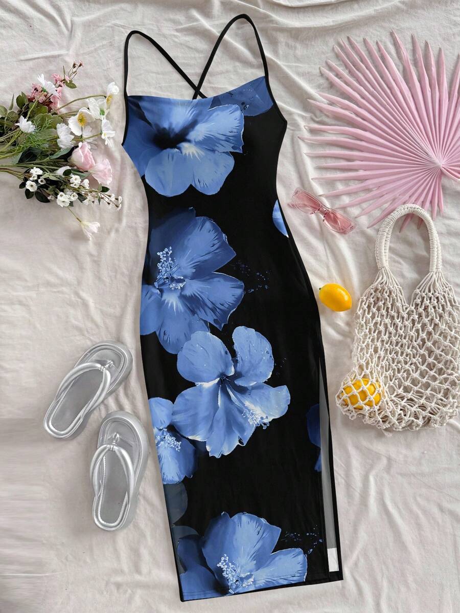 Soleia Váy Maxi dài in họa tiết hoa nhiệt đới tương phản đen xanh dành cho nữ, phong cách gợi cảm, thích hợp cho kỳ nghỉ hè - Nhiều màu - Xem 1