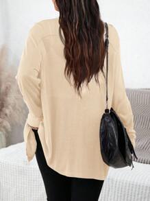 SHEIN LUNE Áo len cardigan nữ màu trơn cỡ lớn có túi cho ngày lễ - Màu be - Xem 2