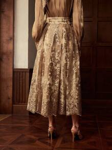 ZEYLAH Embroidered Floral Mesh Long Elegant Skirt - Champagne - View 3