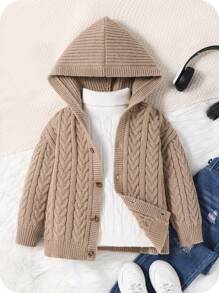 1 pezzo Cardigan con cappuccio rilassato, da ragazzi, in maglia a coste, tinta unita color cachi, adatto per viaggi, scuola, uso quotidiano, stagione autunno/inverno
