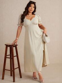 Elaquor Plus Size Women Square Neck Short Sleeve Draped Back Dress, Apricot Color Casual Vacation Day Dress For Plus Size - Apricot - View 1