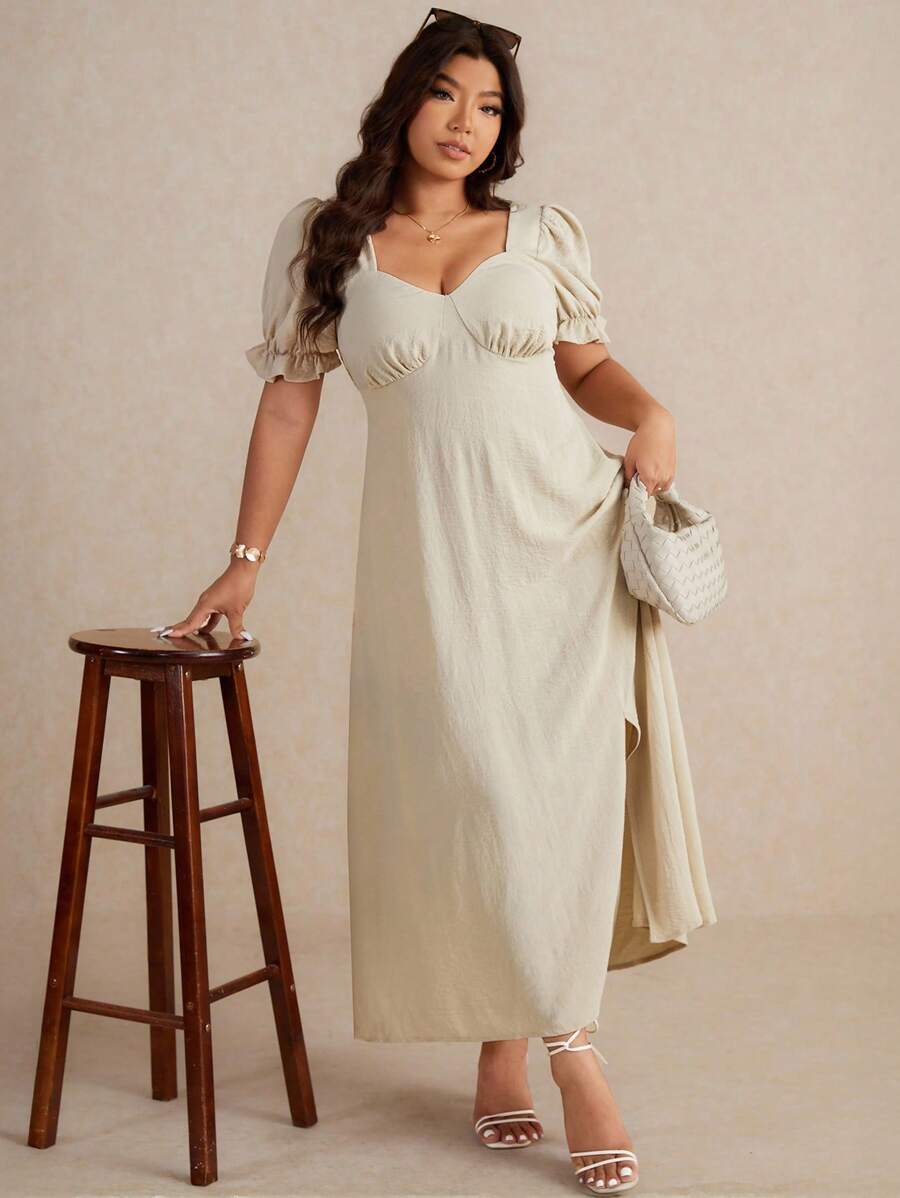 Elaquor Plus Size Women Square Neck Short Sleeve Draped Back Dress, Apricot Color Casual Vacation Day Dress For Plus Size - Apricot - View 1