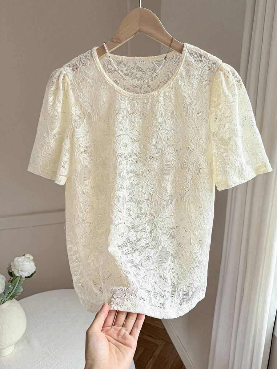SHEIN Blusa holgada de manga abullonada de punto con encaje - Blanco - Ver 1