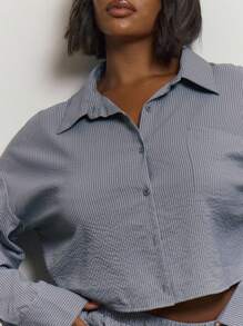 MUSERA Plus Size Striped Cropped Button Down Shirt Collared Cute Holiday Elegant Romantic Shirt Curve Collective Spring Summer Easter - Grey - View 3