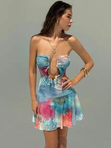 Aloruh Young Lady's Vacation Halter Neck Openwork Sexy Tie Dye Print Mesh Mini Dress, Spring/Summer - Multicolor - View 5