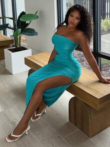 Alexandranx Women's Strapless Hollow Out Waist Side Slit Dress - Mint Blue - View 1