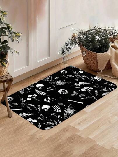 Hippie 1 pieza Felpudo de cocina gótico - Diseño de polilla y calavera de cementerio Antideslizante, Alfombra de piso resistente y absorbente para decoración de Halloween, estilo cottage oscuro, estética de vampiro - Fácil de limpiar, decoración del hogar gótico, alfombra de altar brujo